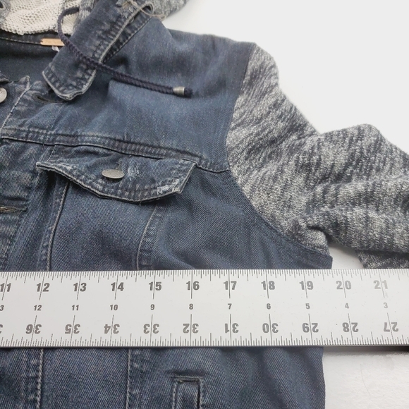Free People Women Denim Black Jacket Large Mixed Media Hooded Lightly distressed - Picture 6 of 12